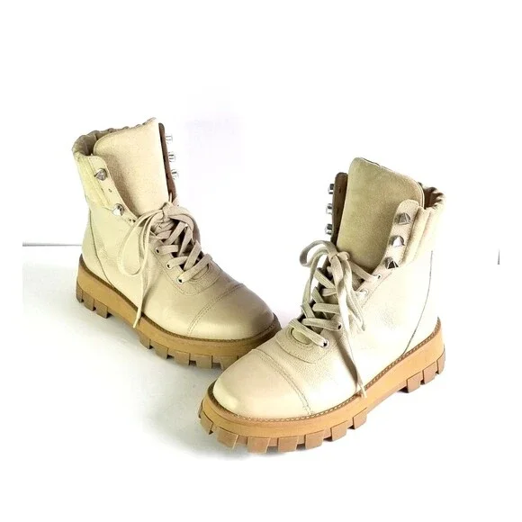 SCHUTZ Women's Sutton Leather Lace Up Hiker Boots Oyster 8.5 Beige Booties - Picture 1 of 14